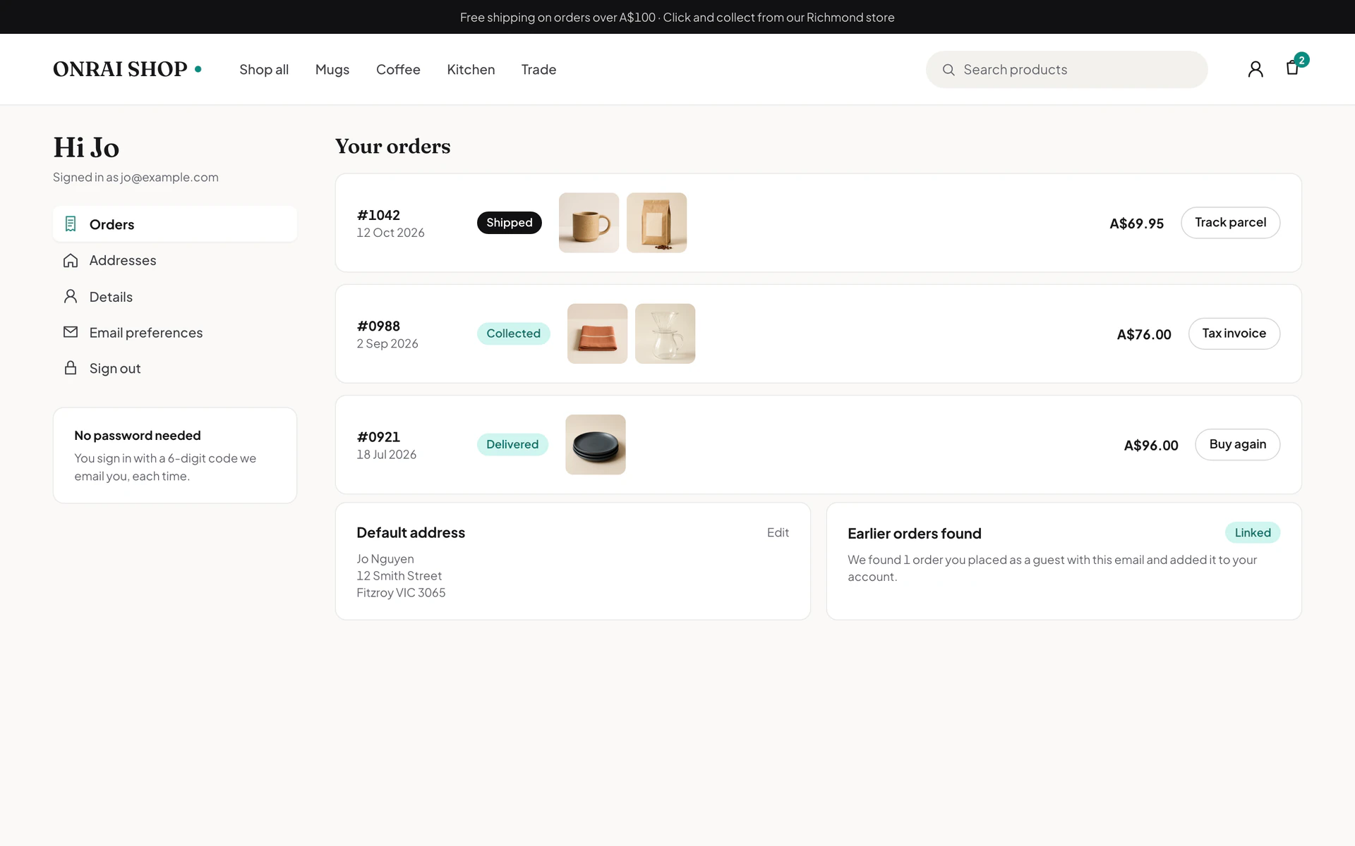 An Onrai Shop customer account page with three past orders, their status, a saved address and a note that earlier guest orders were linked.