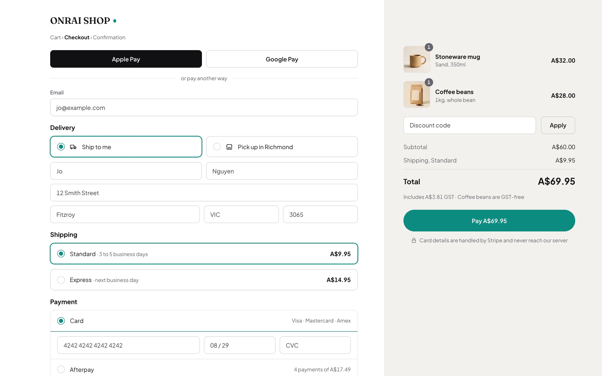 The Onrai Shop checkout, with Apple Pay and Google Pay buttons, delivery address, standard and express shipping rates, card payment and an order summary with GST.