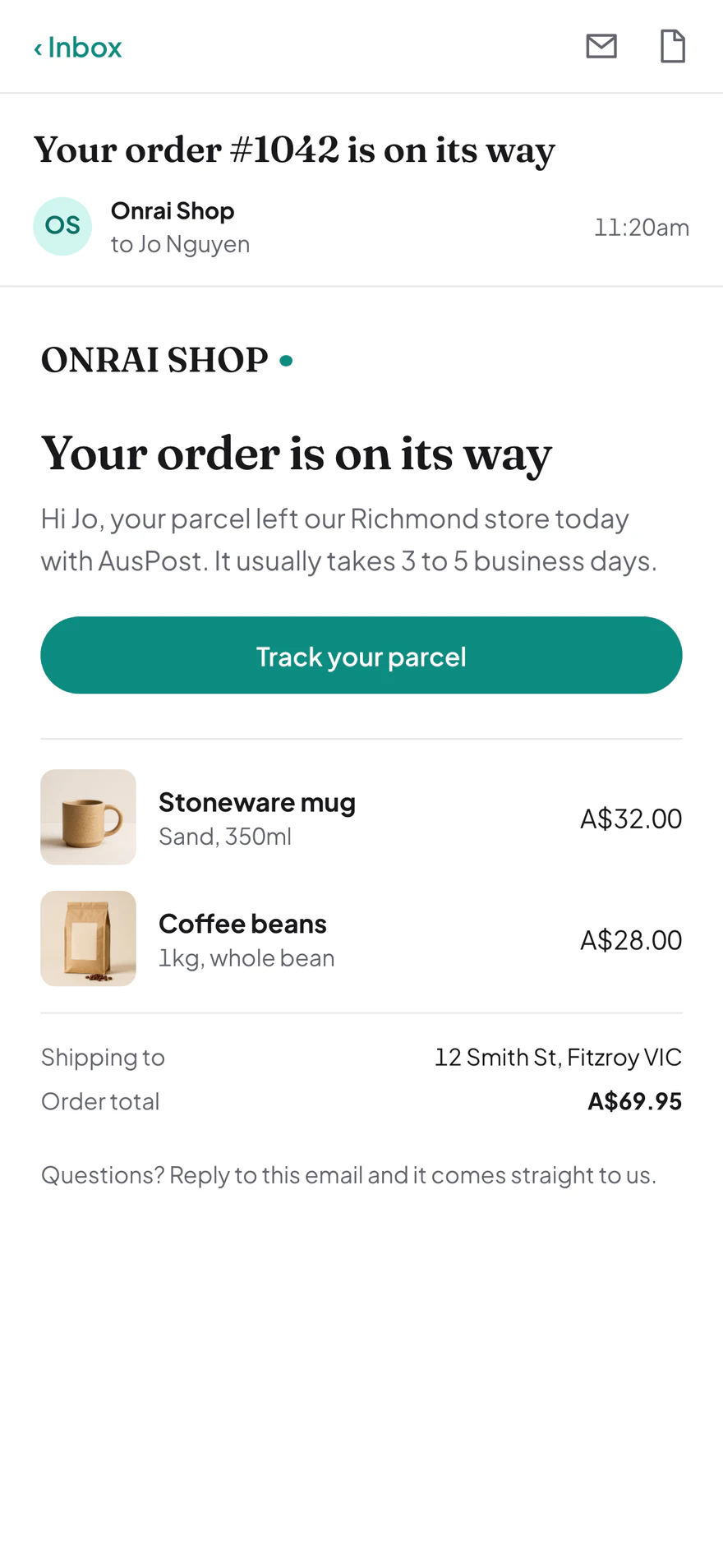 An Onrai Shop shipping email open on a phone, with a track your parcel button and the items in the order.