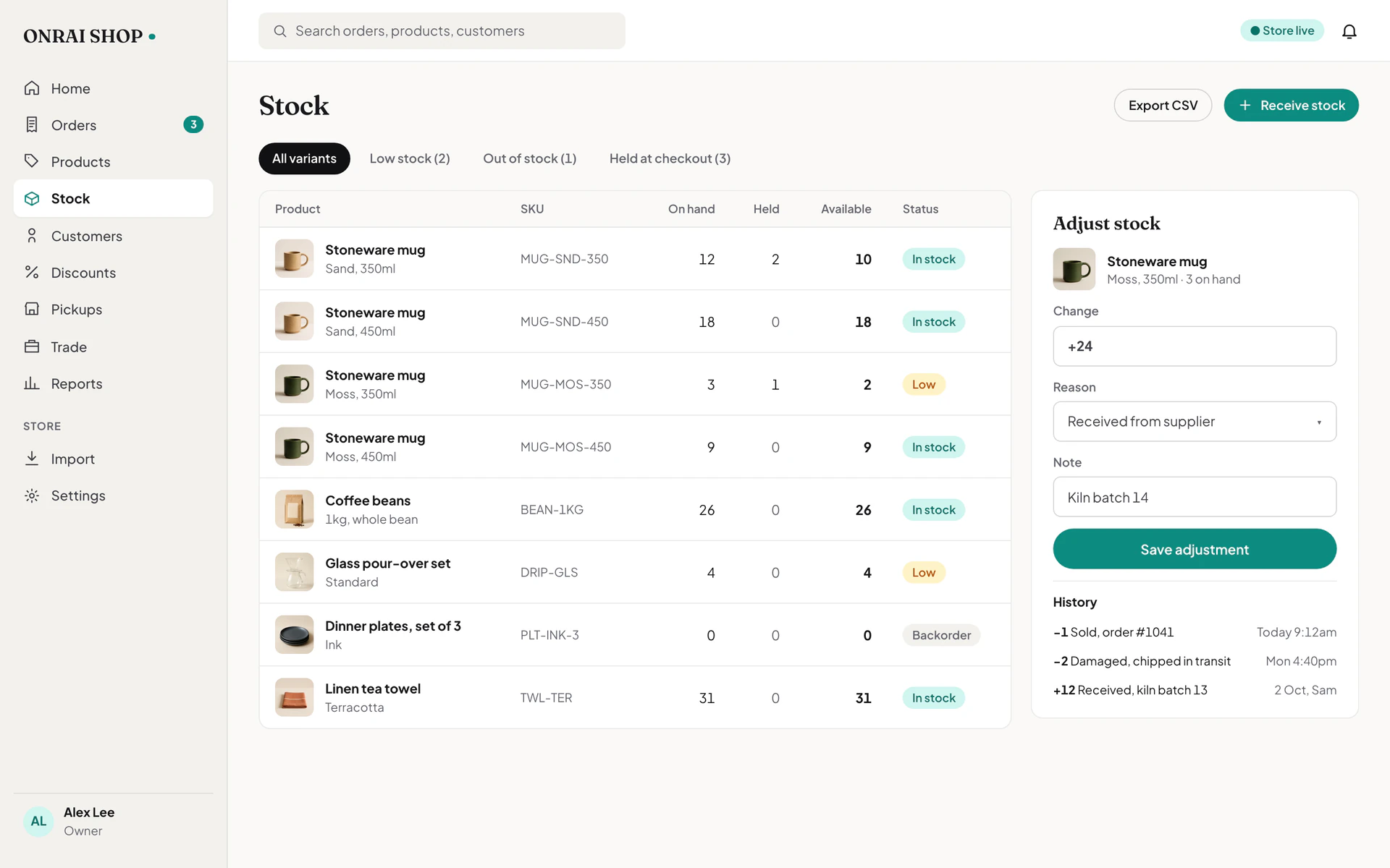 The Onrai Shop stock screen, a table of variants with on hand, held and available counts, and an adjust stock panel with a reason.