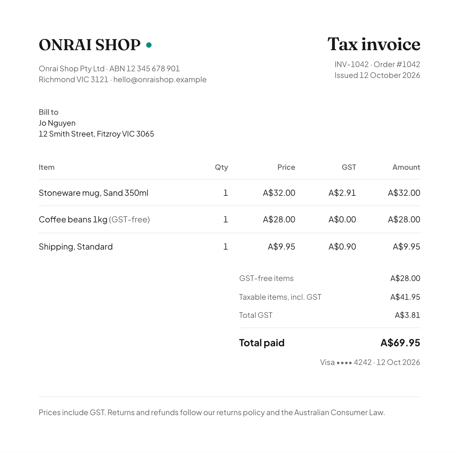 An Onrai Shop tax invoice PDF listing a taxable mug, GST-free coffee beans and shipping, with GST shown per line and in total.