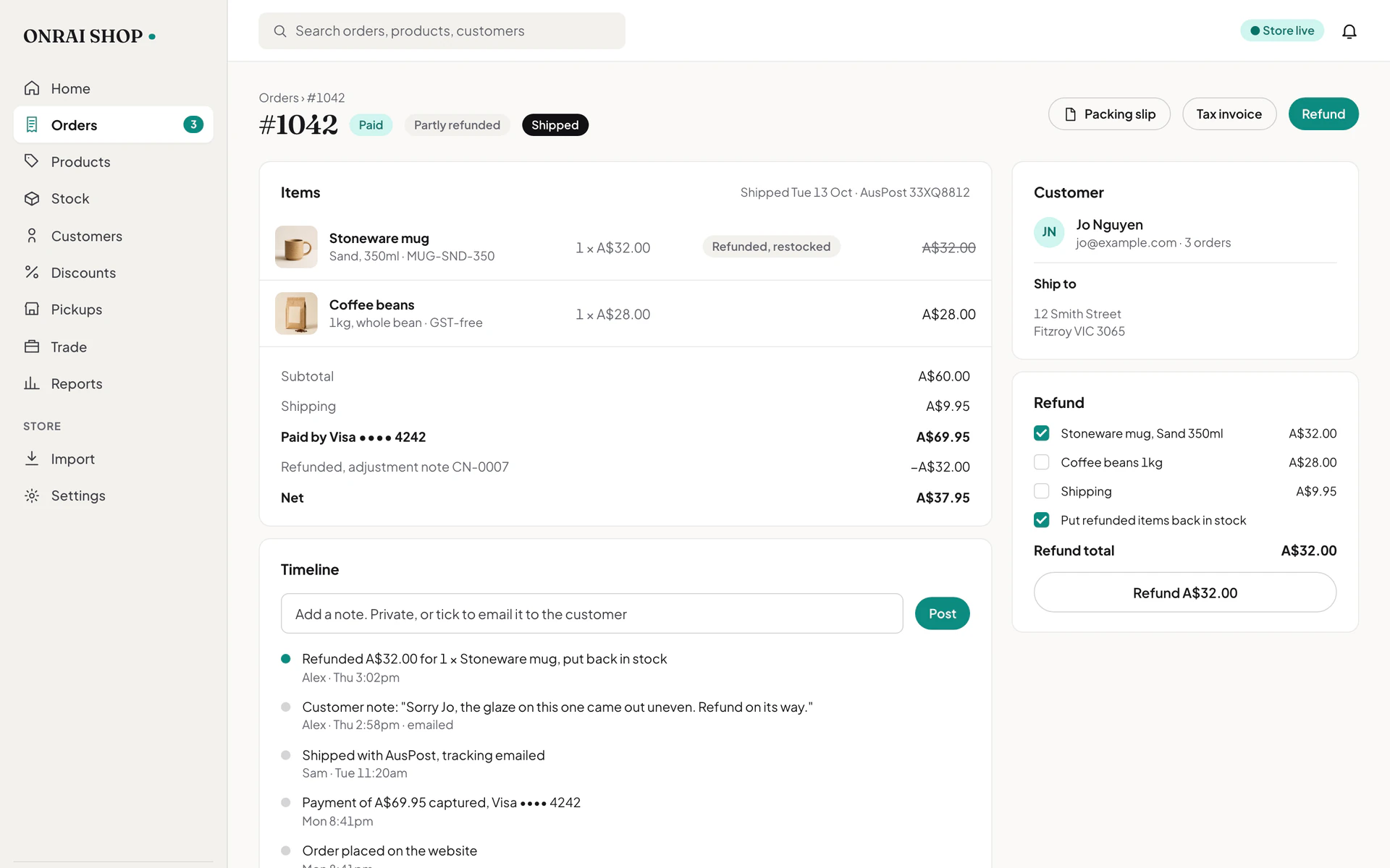 An Onrai Shop order page showing items, a partial refund with restock, the payment summary and a timeline of events.