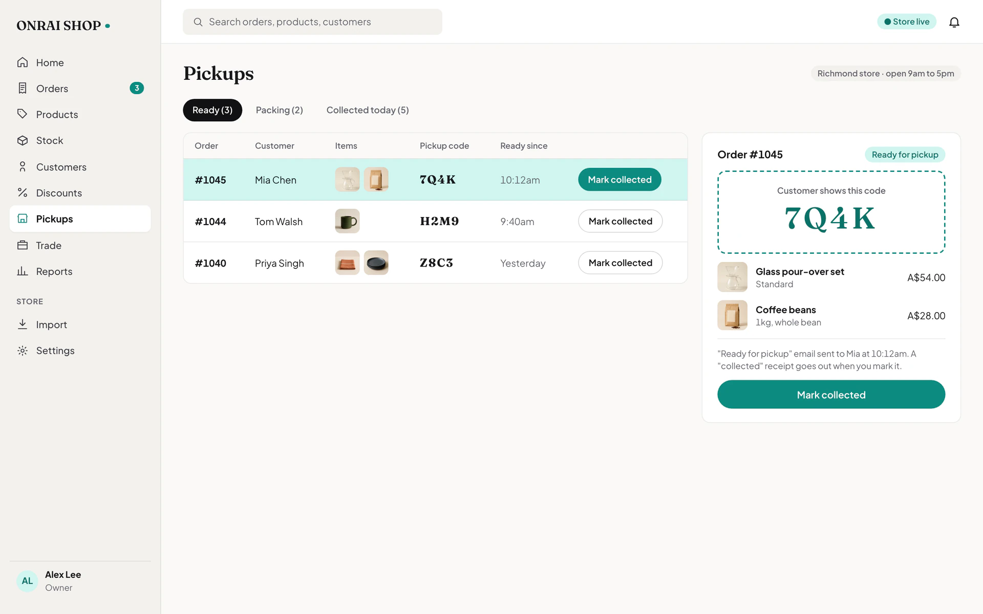 The Onrai Shop pickups screen listing orders ready to collect with their pickup codes, and a large code for the selected order.