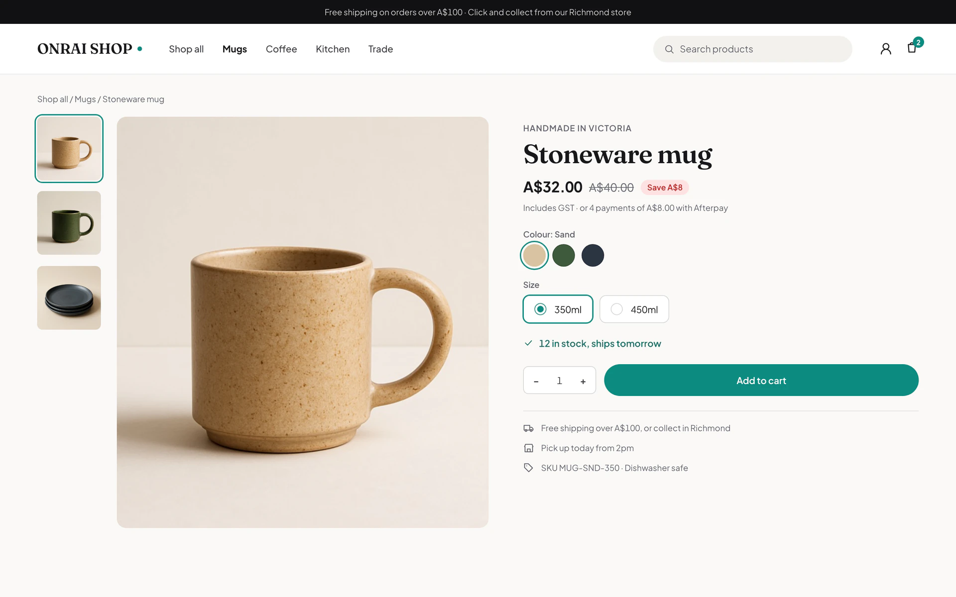 An Onrai Shop product page for a stoneware mug, with colour and size options, a sale price, stock count and add to cart button.