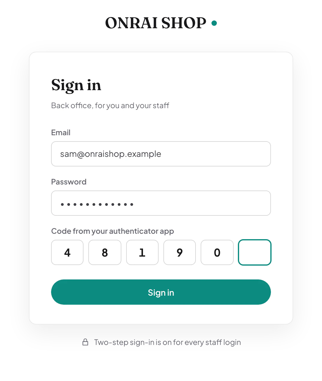 The Onrai Shop back office sign-in, with email, password and a six-digit code from an authenticator app.