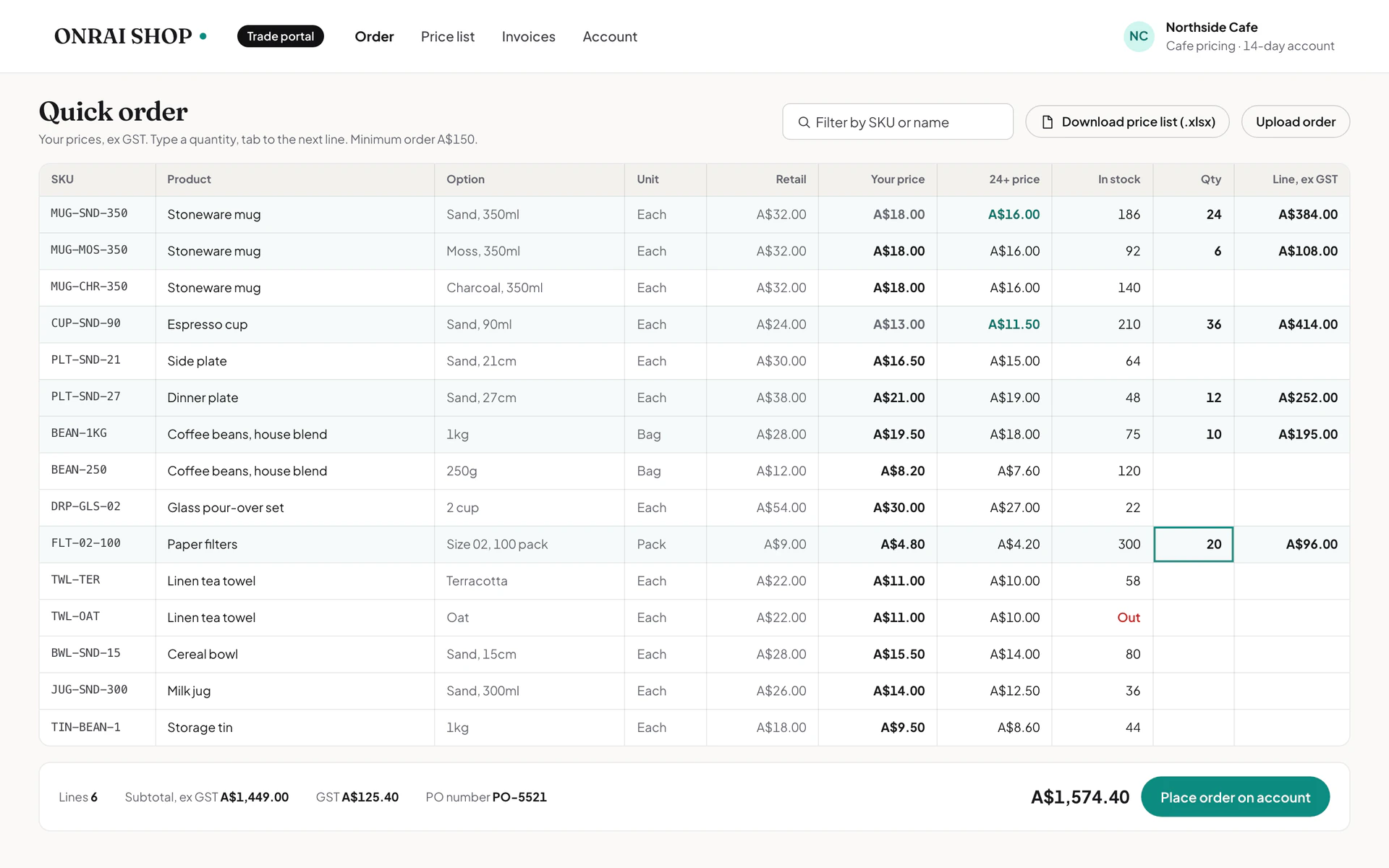 The Onrai Shop trade portal, a spreadsheet-style list of products with SKU, retail price, the buyer's price, a 24-plus price, stock and quantity columns, and an order total.