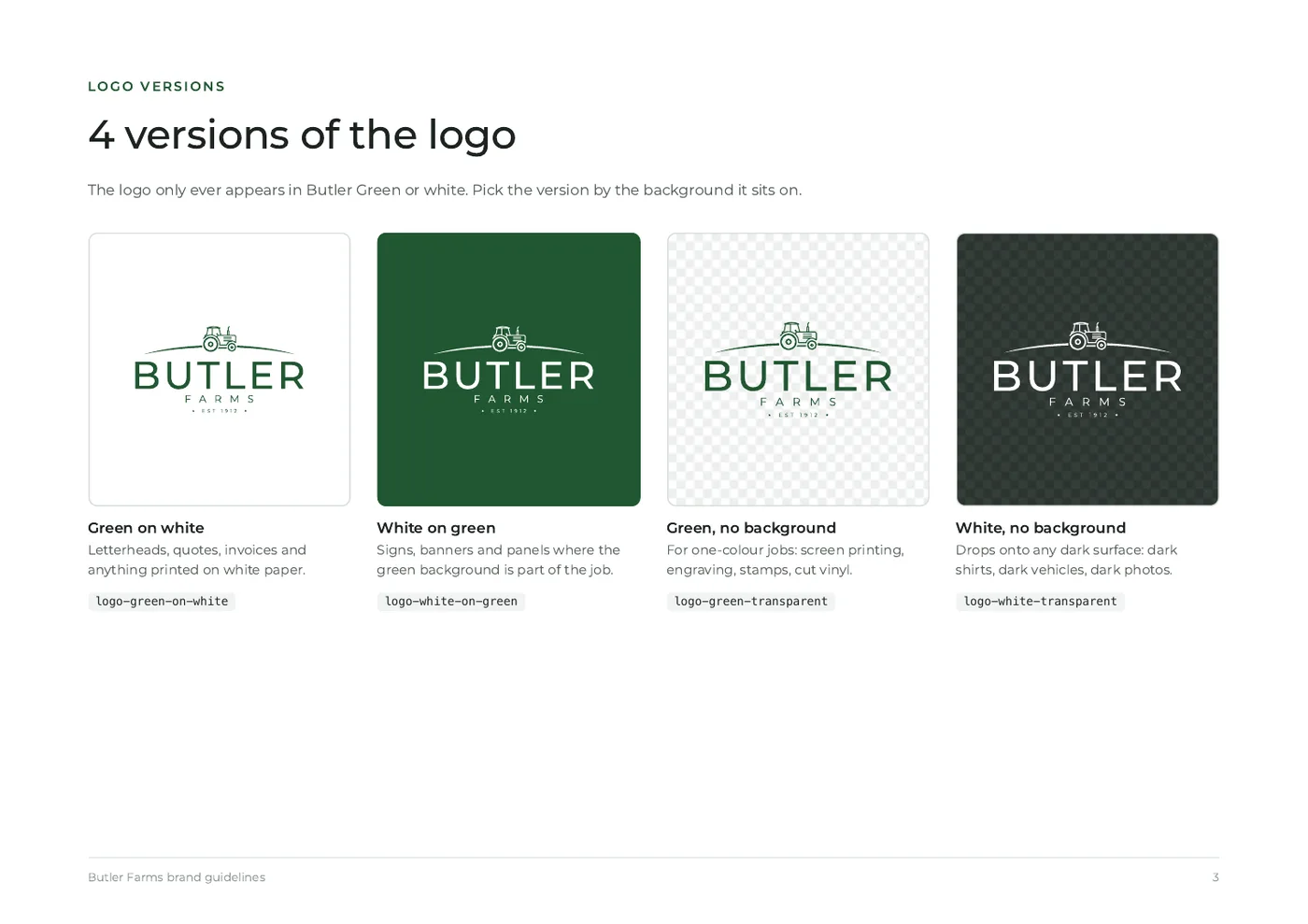 Butler Farms brand guidelines, page 3: four versions of the logo