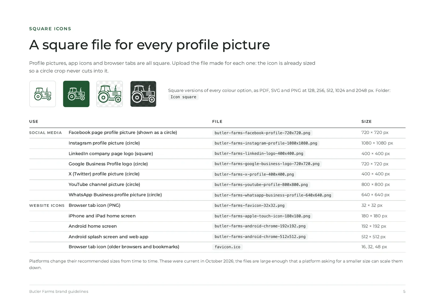 Butler Farms brand guidelines, page 5: a square file for every profile picture
