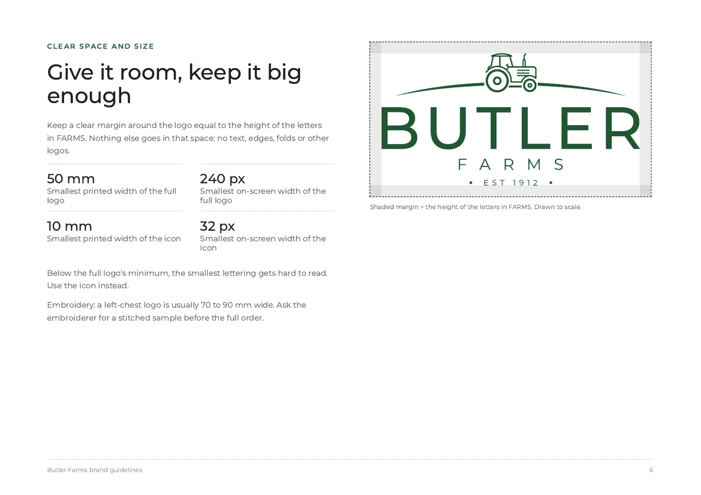 Butler Farms brand guidelines, page 6: clear space and smallest sizes