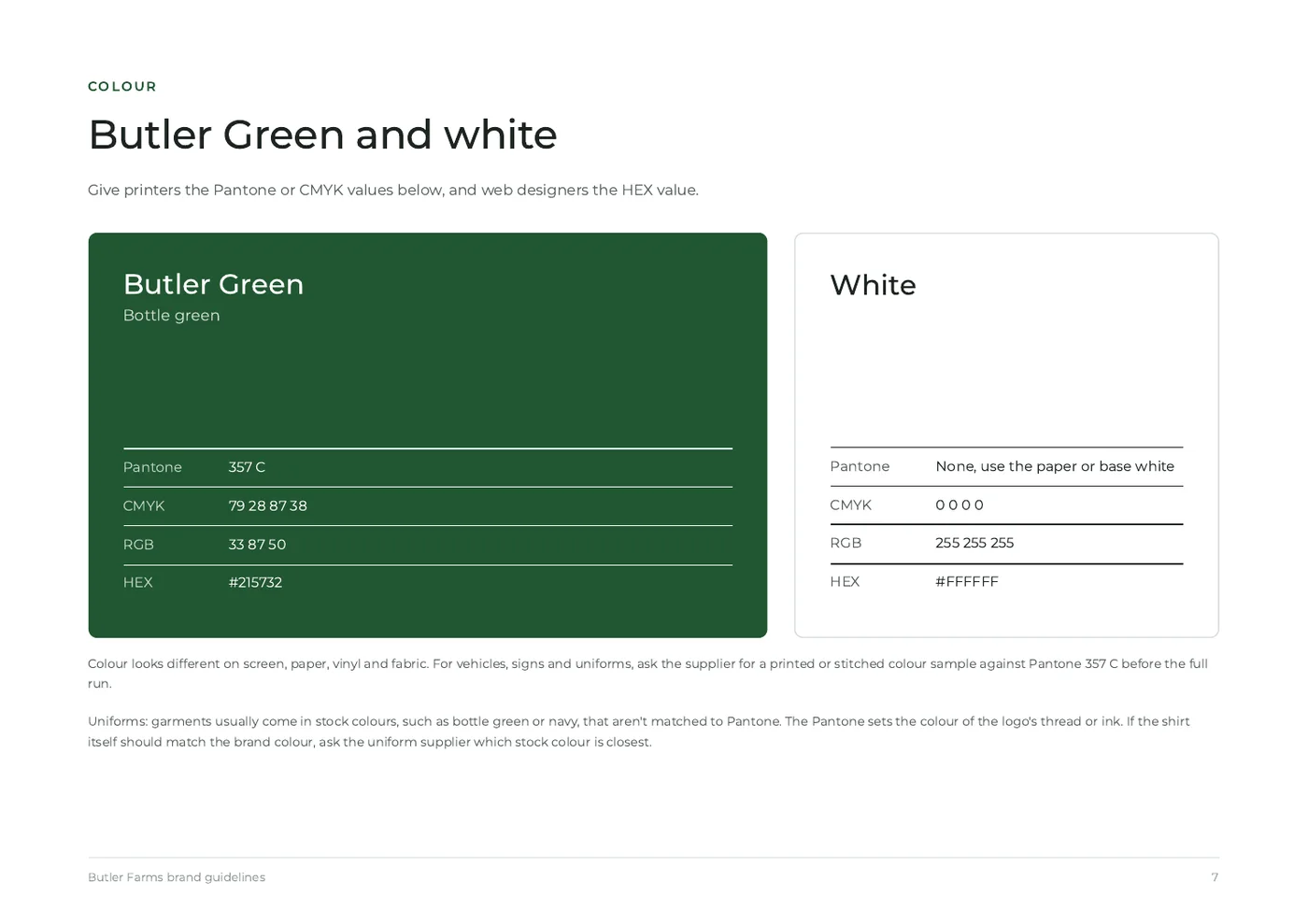 Butler Farms brand guidelines, page 7: butler green and white