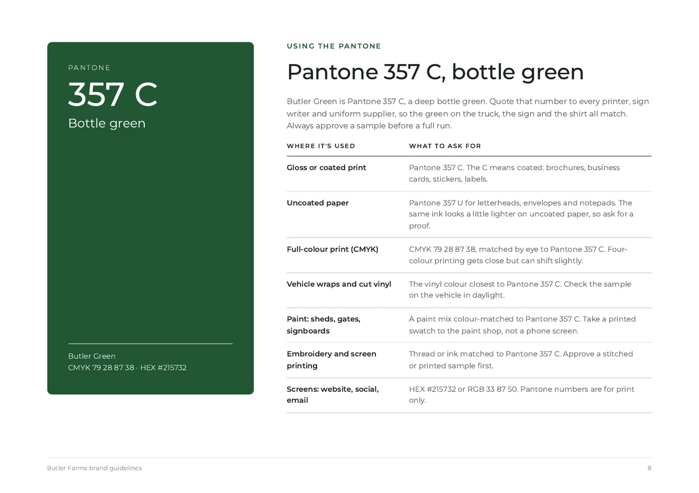 Butler Farms brand guidelines, page 8: pantone 357 c, job by job