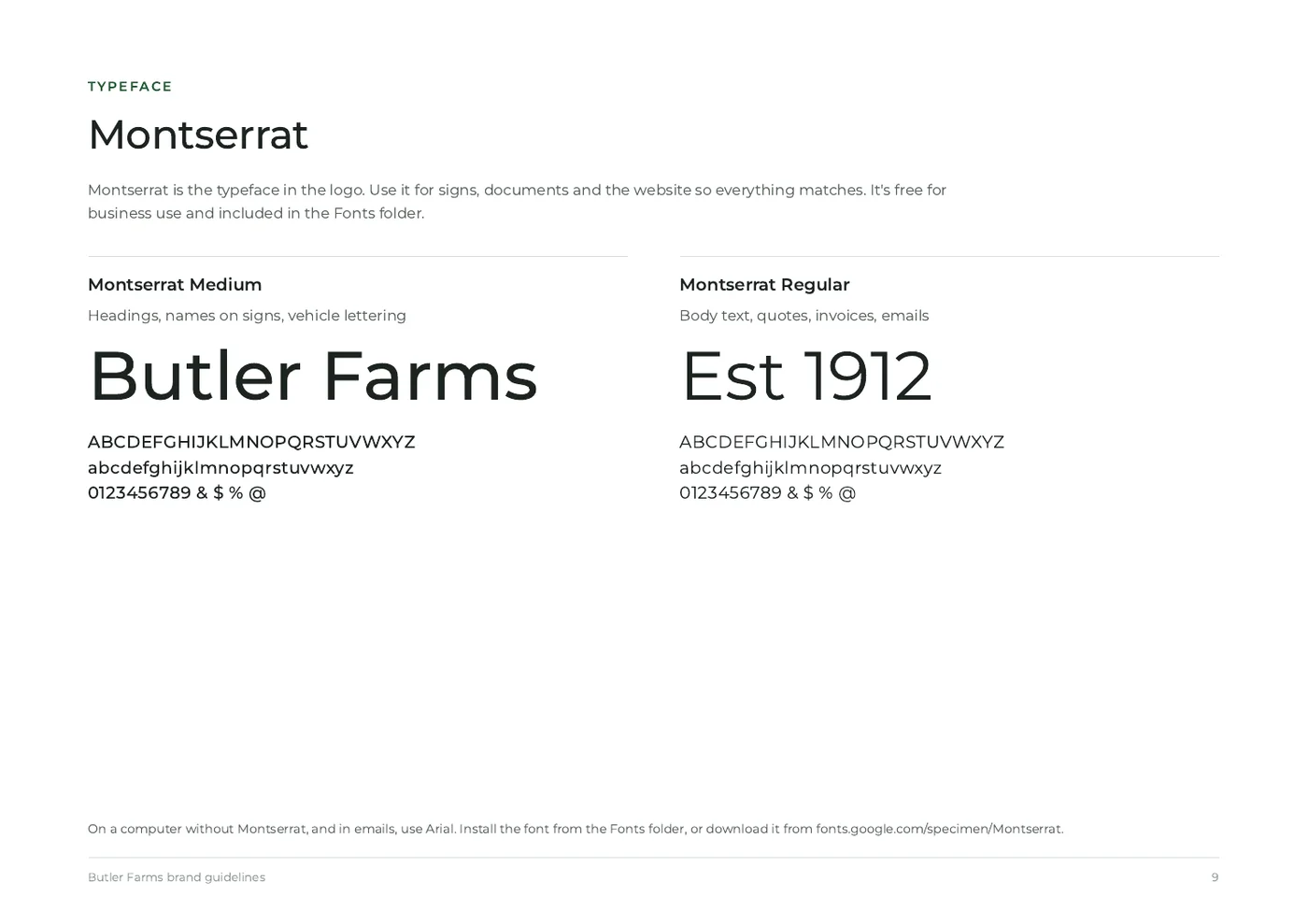 Butler Farms brand guidelines, page 9: the typeface: montserrat