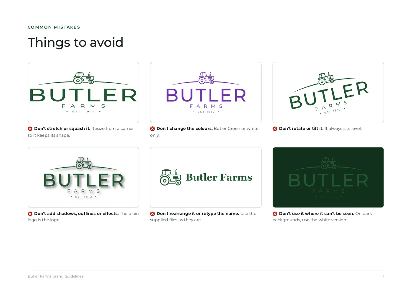 Butler Farms brand guidelines, page 11: things to avoid
