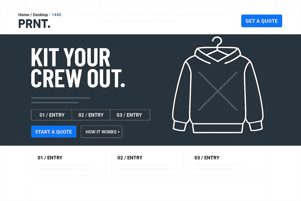 Mid-fidelity Figma design of the PRNT. homepage — dark full-width hero with placeholder type, blue quote buttons and a large hanging-hoodie wireframe on an artboard