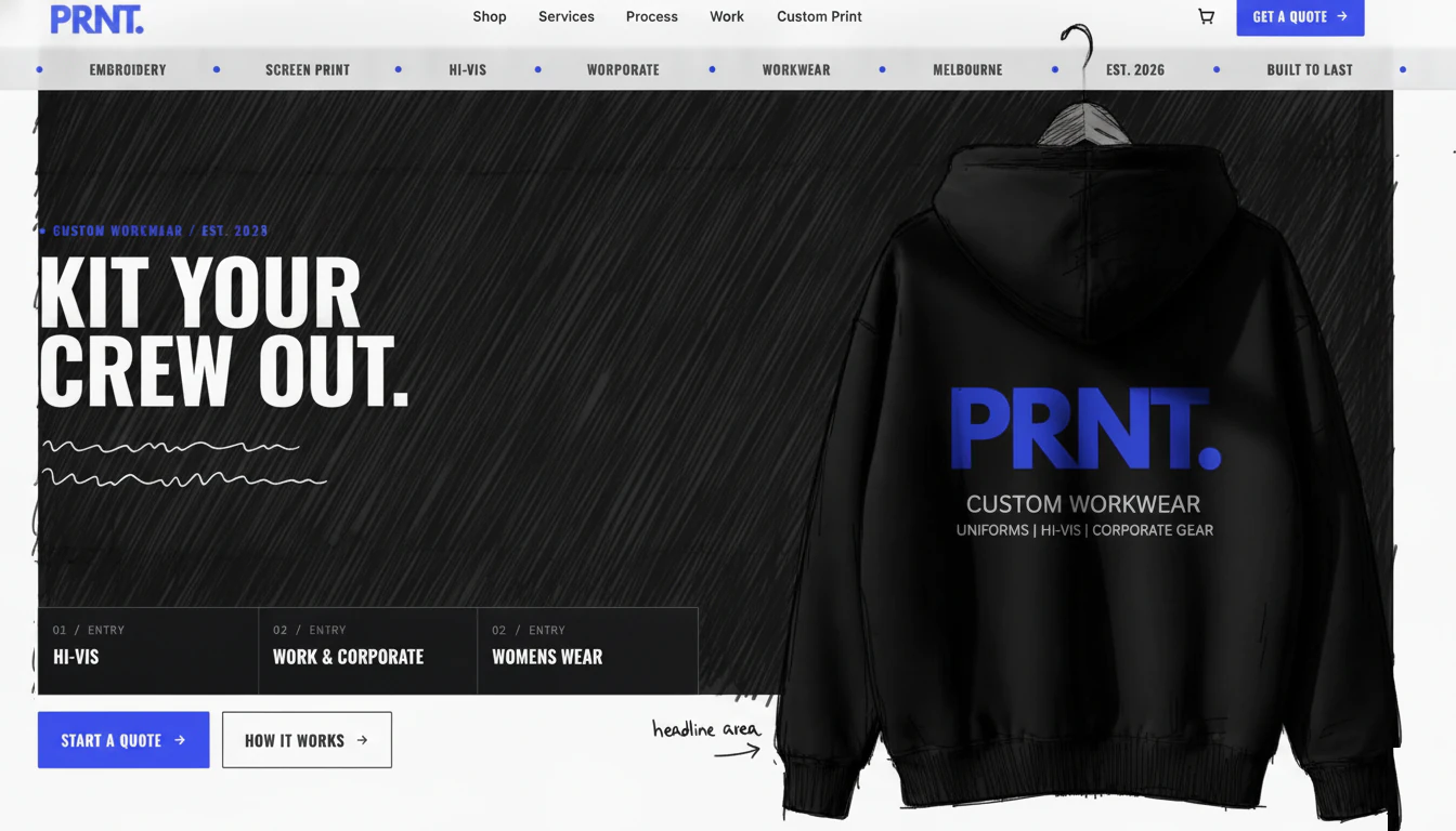 The PRNT. homepage mid-build — half hand-drawn ink sketch, half finished website: the hoodie and margin notes still pencil while the real headline, nav and buttons take over