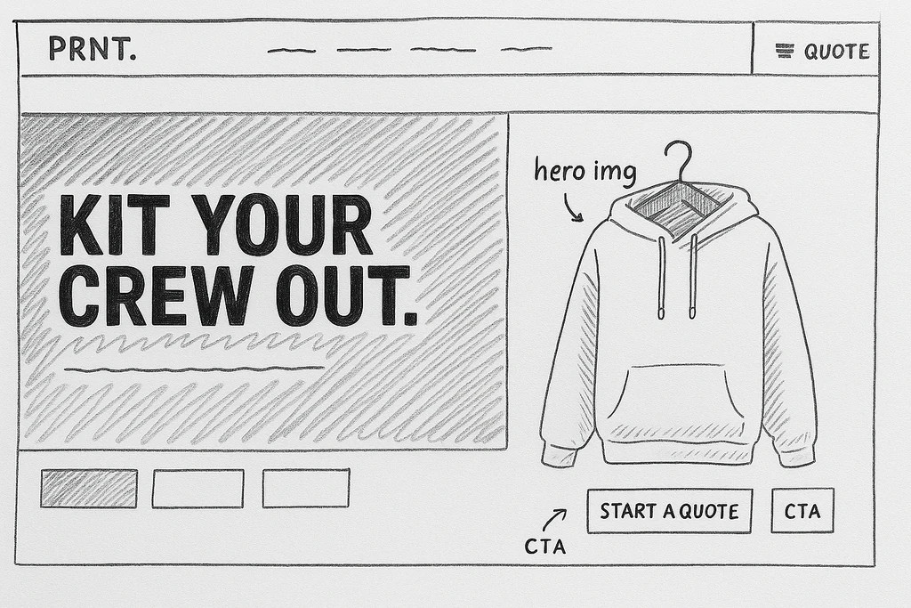 Hand-drawn ink wireframe of the PRNT. homepage — nav, headline and hoodie blocked out on paper