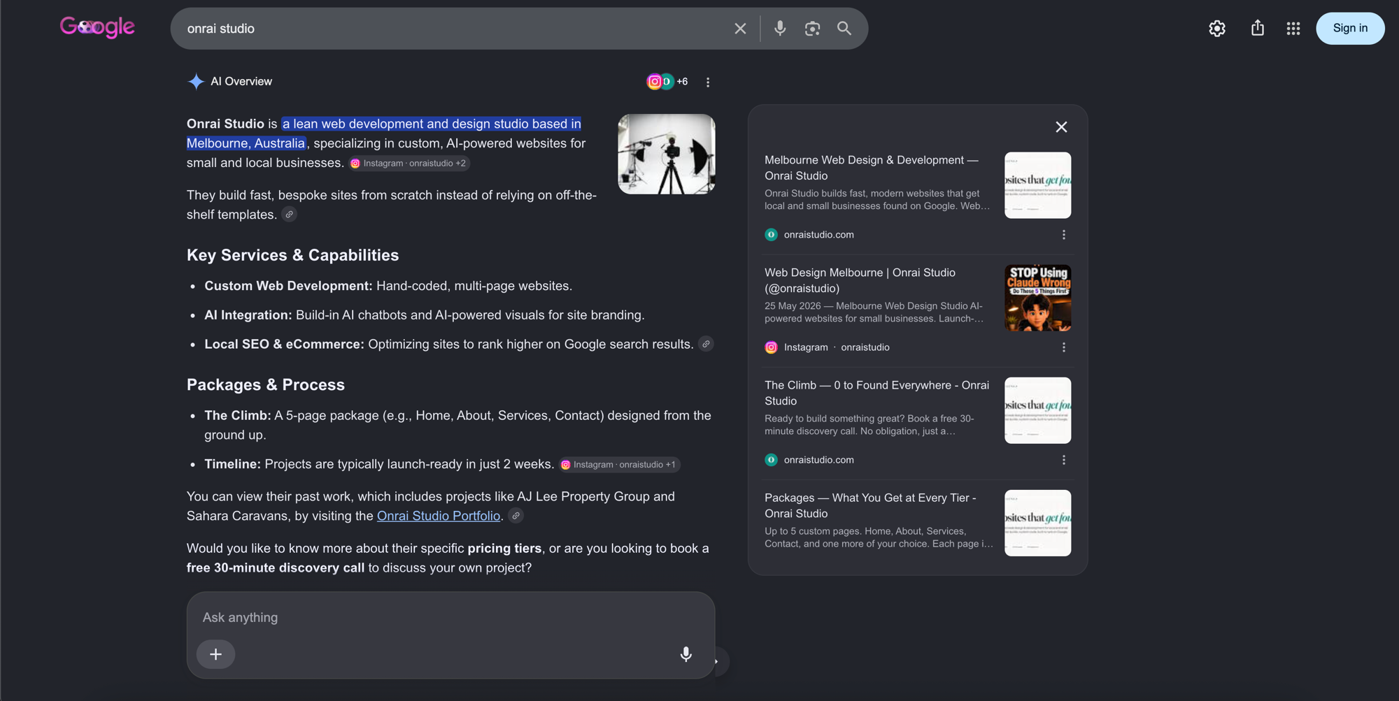 Google AI Overview for the search "onrai studio", describing Onrai Studio as a Melbourne web development and design studio, with sections for Key Services and Packages & Process, citing onraistudio.com and Instagram as sources.