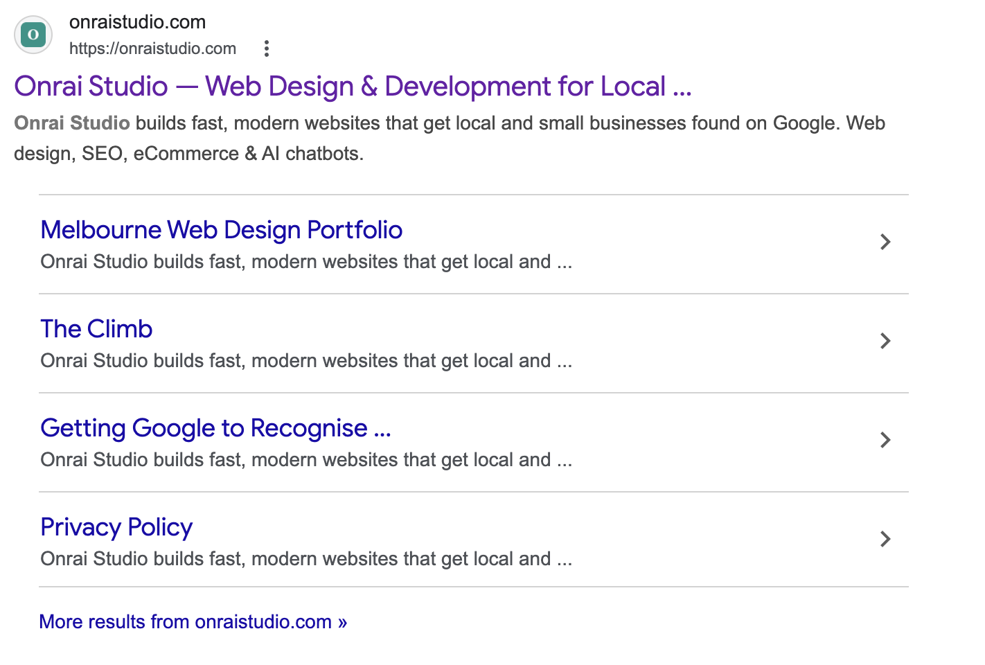 Google search results for "Onrai Studio" showing the onraistudio.com listing with four nested sitelinks below it: Melbourne Web Design Portfolio, The Climb, Getting Google to Recognise, and Privacy Policy.