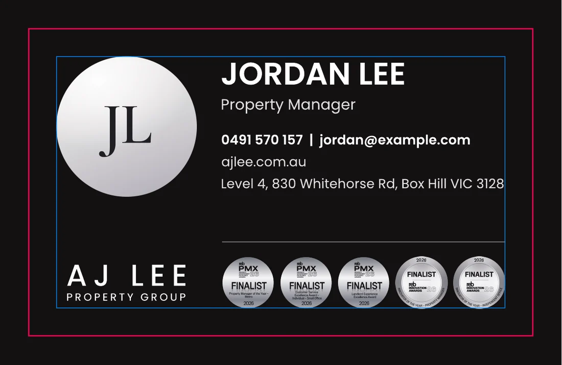 Print proof of the AJ Lee Property Group card back: monogram, placeholder name Jordan Lee and award seals, all inside the blue safe zone, with the pink cut line and the bleed around it