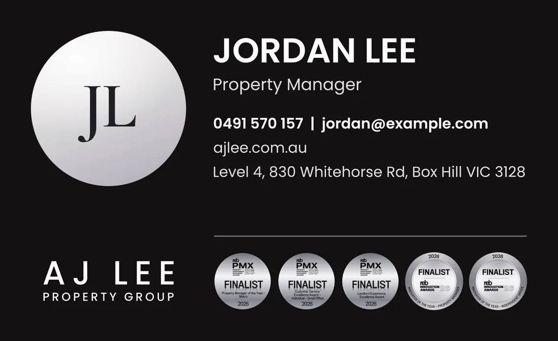 AJ Lee Property Group business card back with a monogram, contact details and award seals