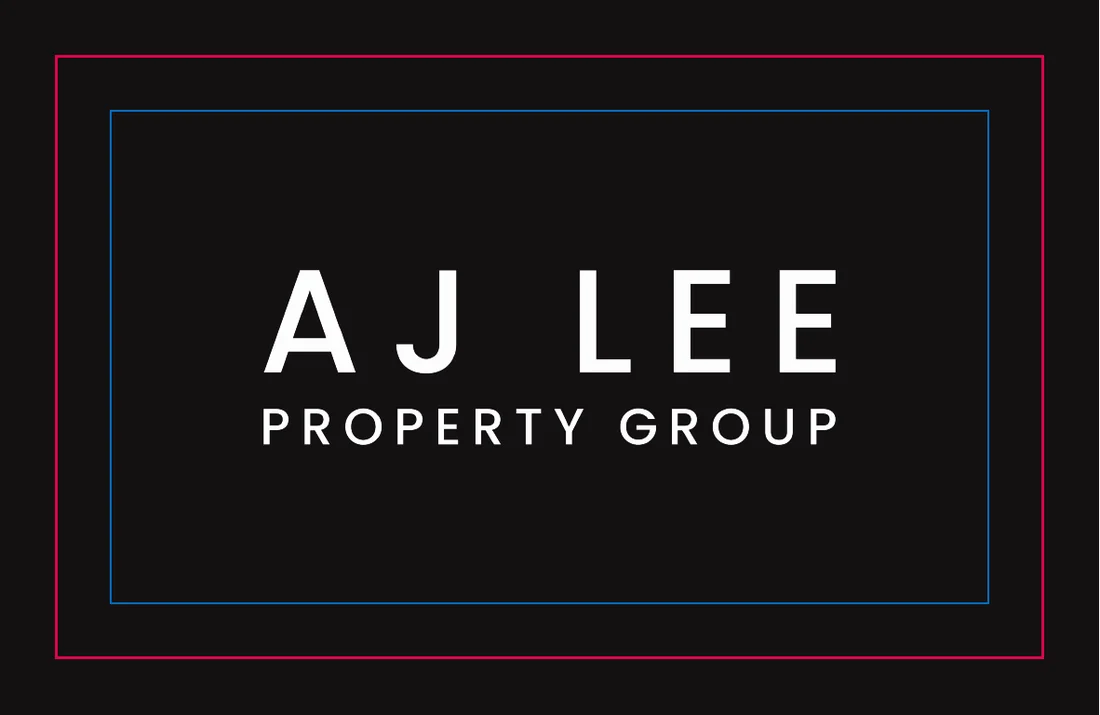 Print proof of the plain AJ Lee Property Group card front: the logo on black, a pink line marking the 90 x 55mm cut and a blue line marking the safe zone, with the black running past the cut into the bleed