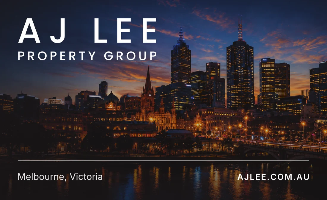 AJ Lee Property Group business card front, the logo over a Melbourne skyline at dusk