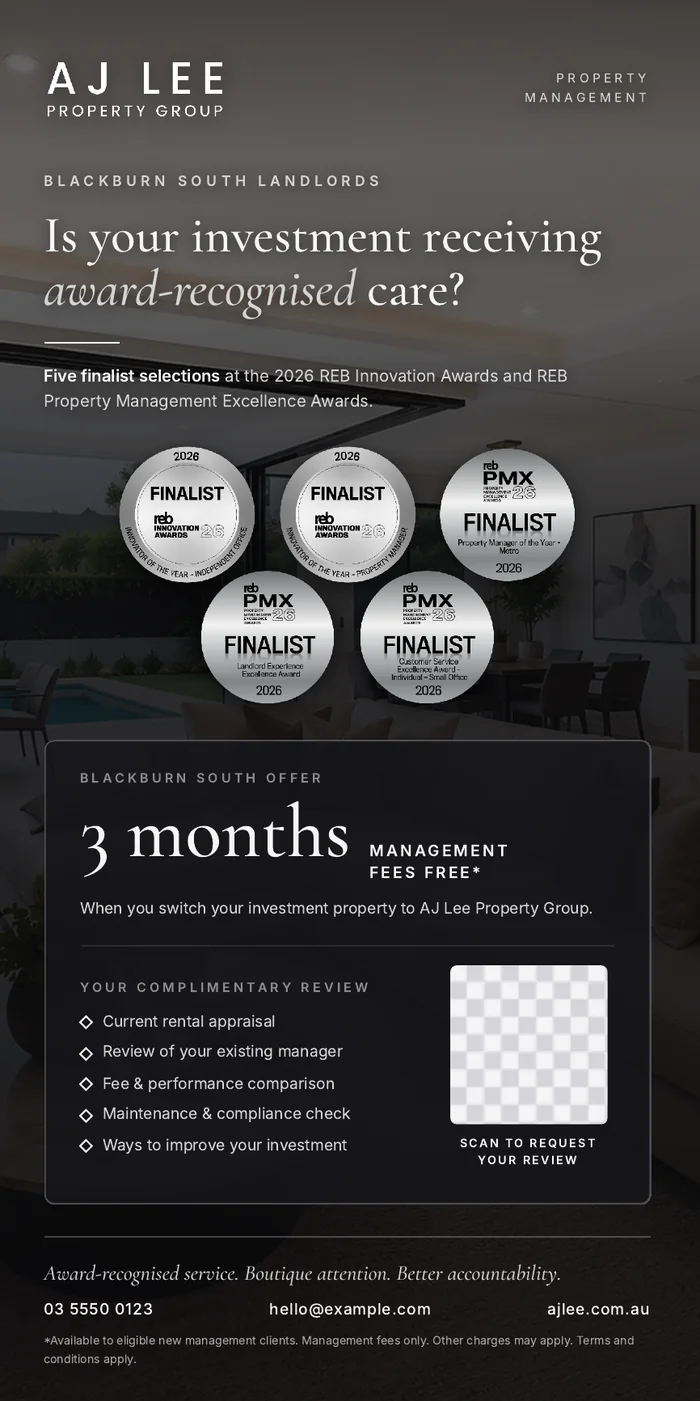 AJ Lee Property Group DL flyer for Blackburn South landlords, offering three months of free management fees
