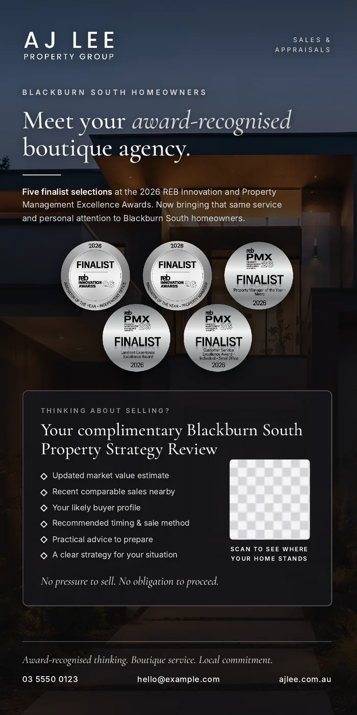 AJ Lee Property Group DL flyer for Blackburn South homeowners, offering a property strategy review