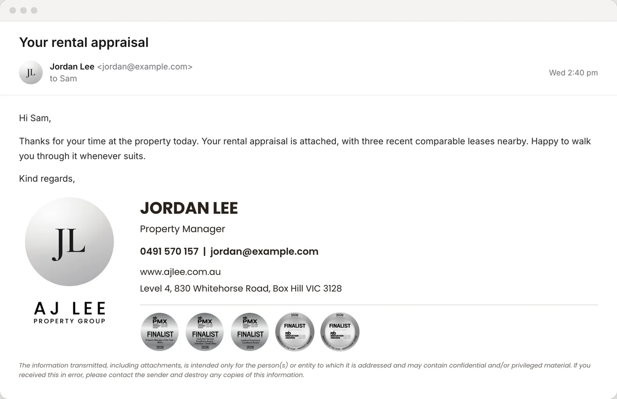 An email from placeholder team member Jordan Lee ending in the AJ Lee Property Group signature: photo spot (a monogram here), logo, contact details, address and five award seals