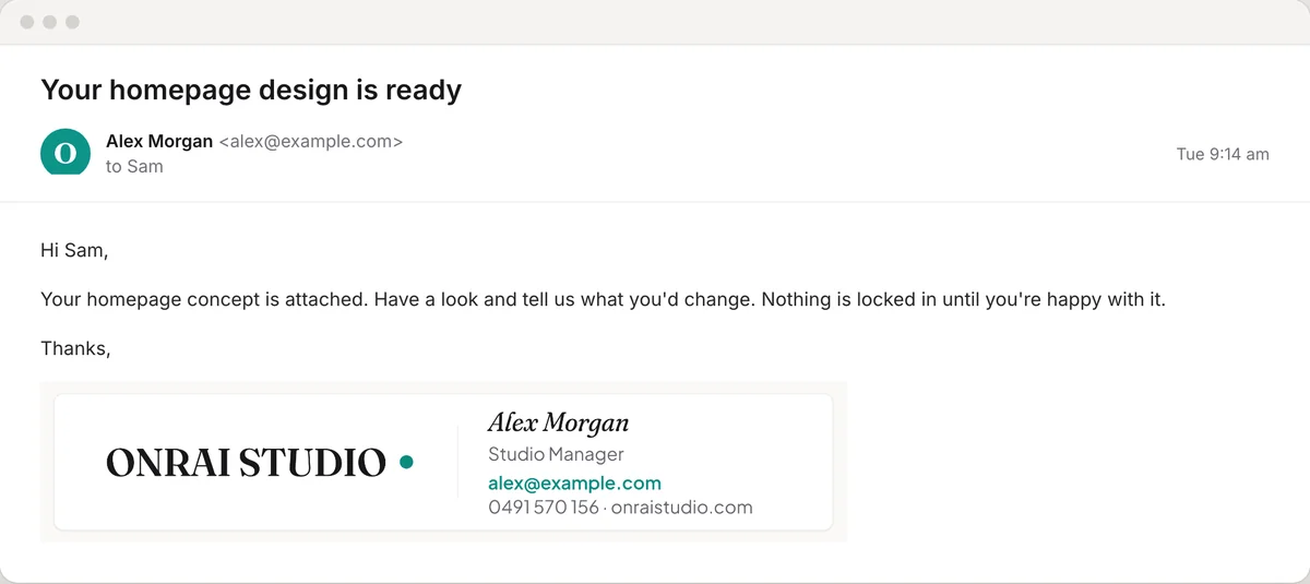 An email from placeholder team member Alex Morgan ending in the Onrai Studio signature: the logo, name, role, email and phone