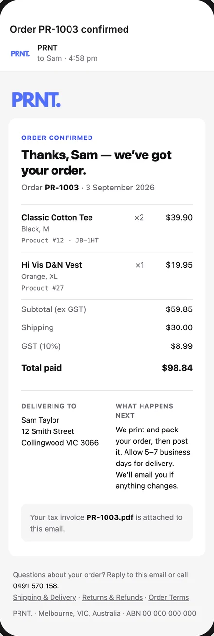 The same PRNT receipt email on a phone