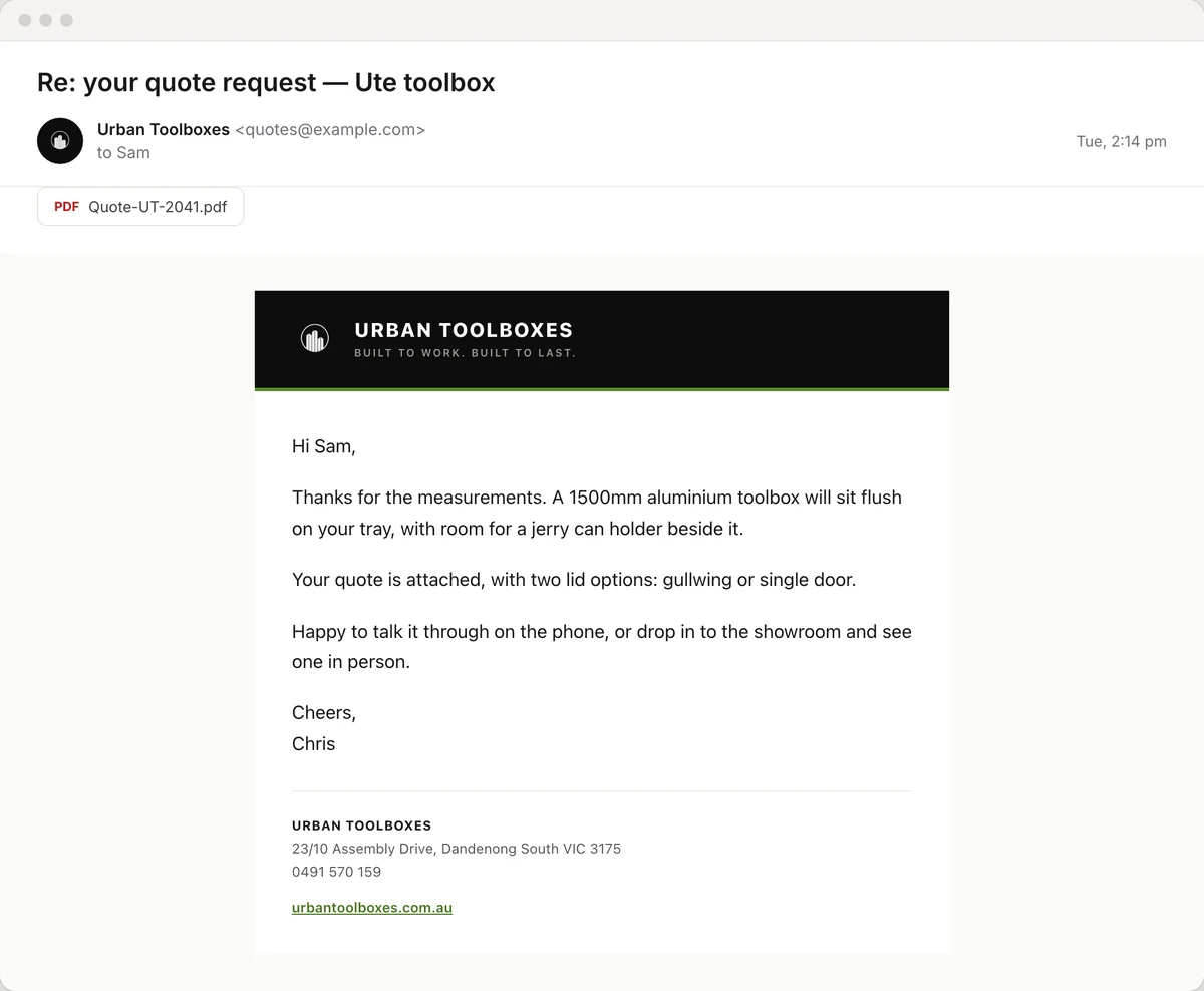 An Urban Toolboxes quote reply in an inbox: black header with the logo and tagline, a green rule, the message about a ute toolbox, and a footer with the address, phone and website