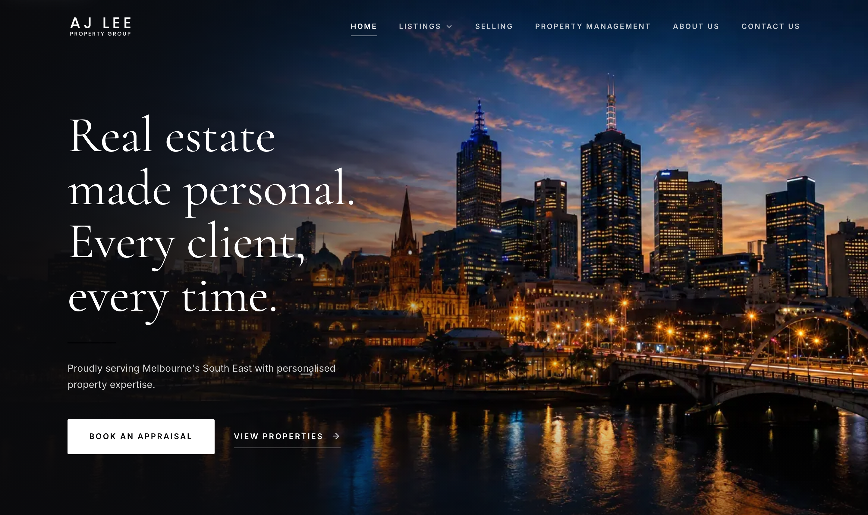 AJ Lee Property Group homepage — dusk Melbourne skyline hero