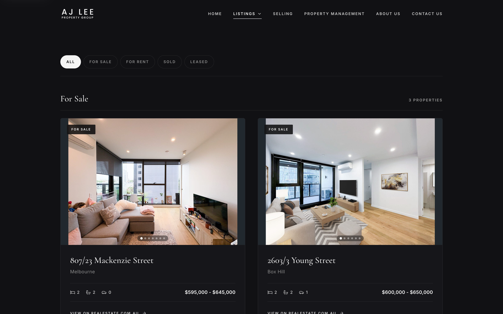 The listings hub — for sale, rent, sold, and leased.