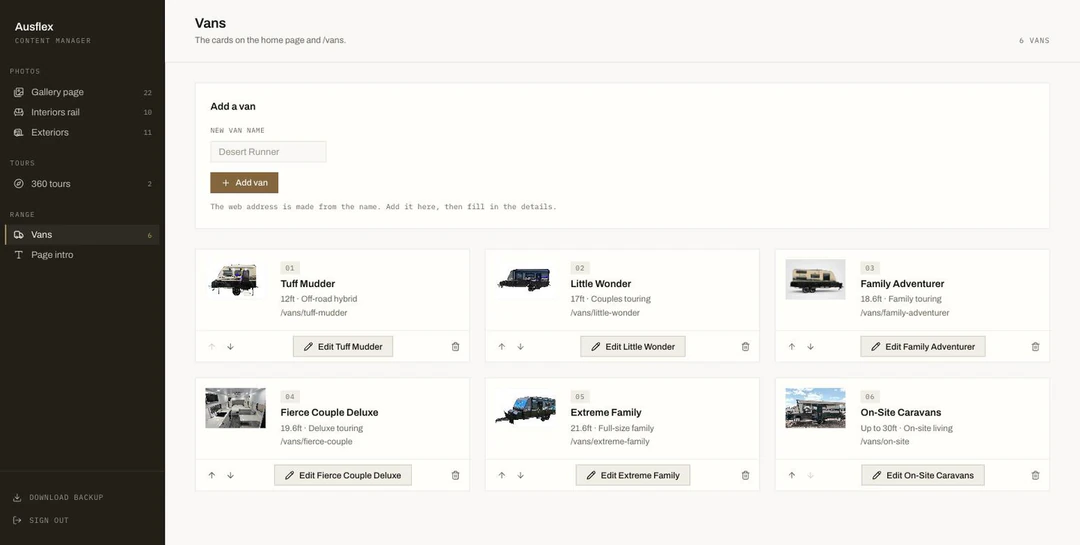The six-van range, reorderable, and a form to add a seventh.