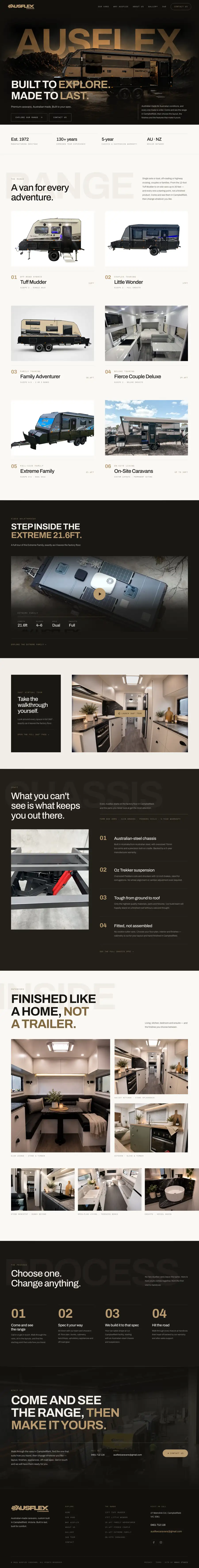 The new Ausflex Caravans homepage — "Built to explore. Made to last." over a van at dusk