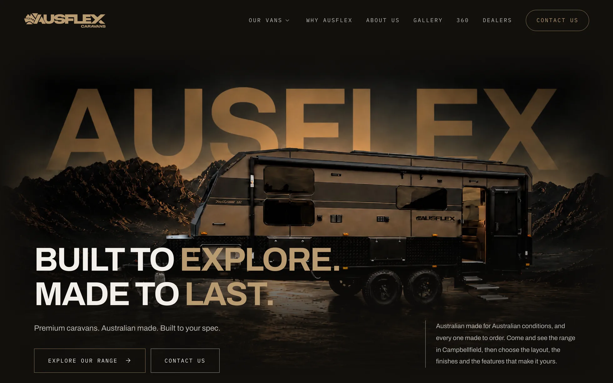 The new Ausflex Caravans homepage: "Built to explore. Made to last." over a van at dusk
