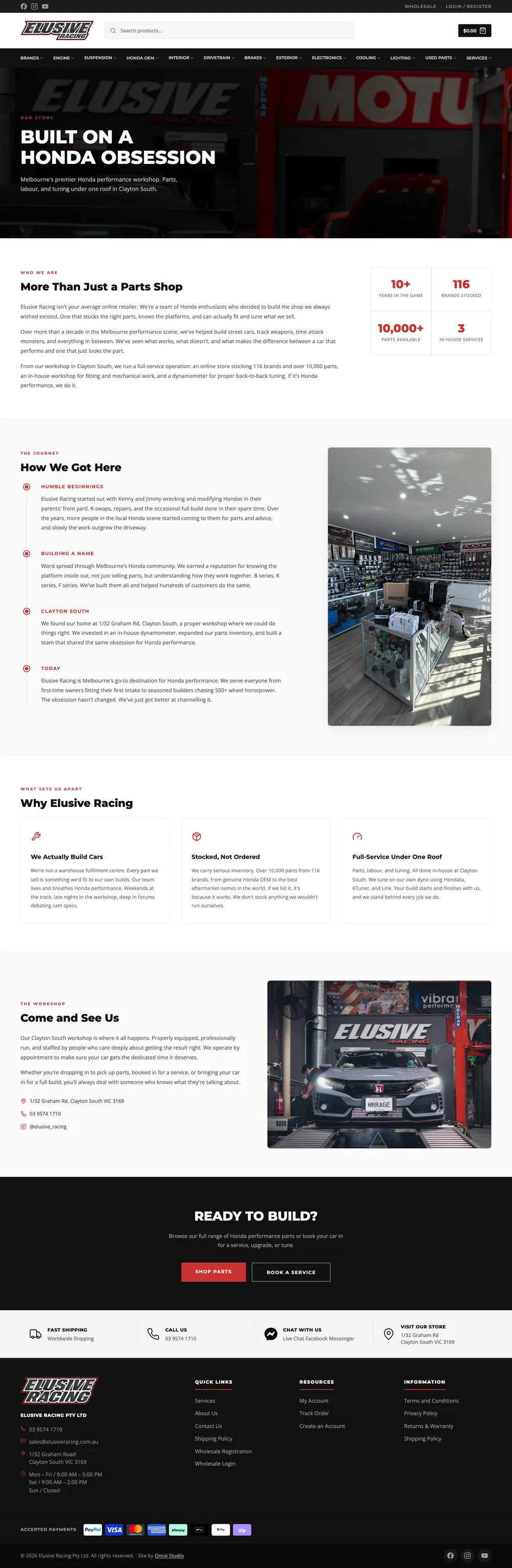 The Elusive Racing about page from the hero down: their story, timeline, why Elusive and the workshop