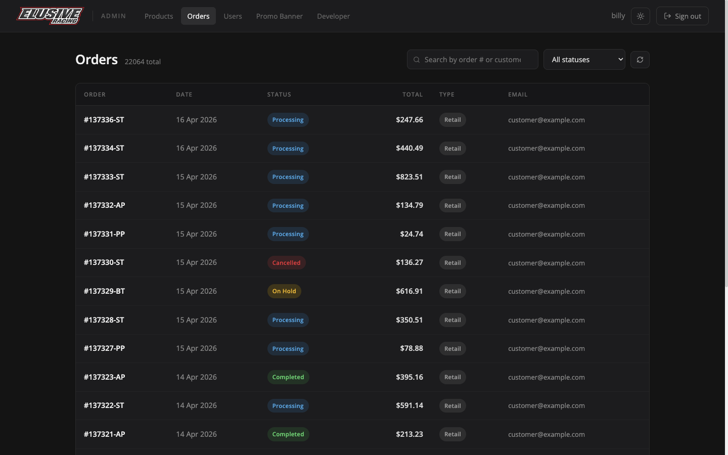 Built-in dark mode for late nights — one click flips the admin.