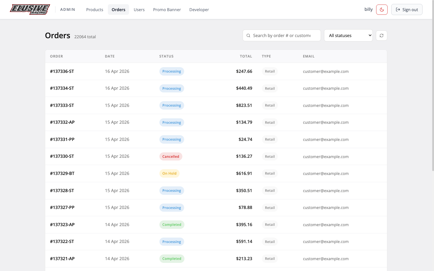 22,000+ orders, searchable and filterable in seconds.