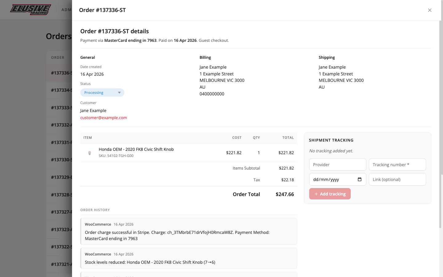 Line items, customer, billing, status, and tracking in one tray.