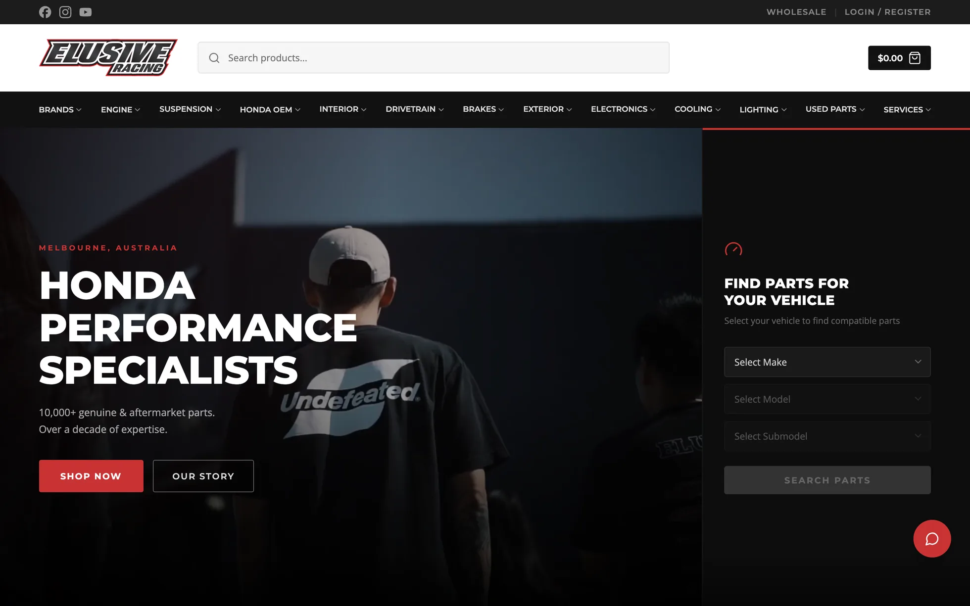The new Elusive Racing homepage: "Honda Performance Specialists" beside a vehicle parts finder