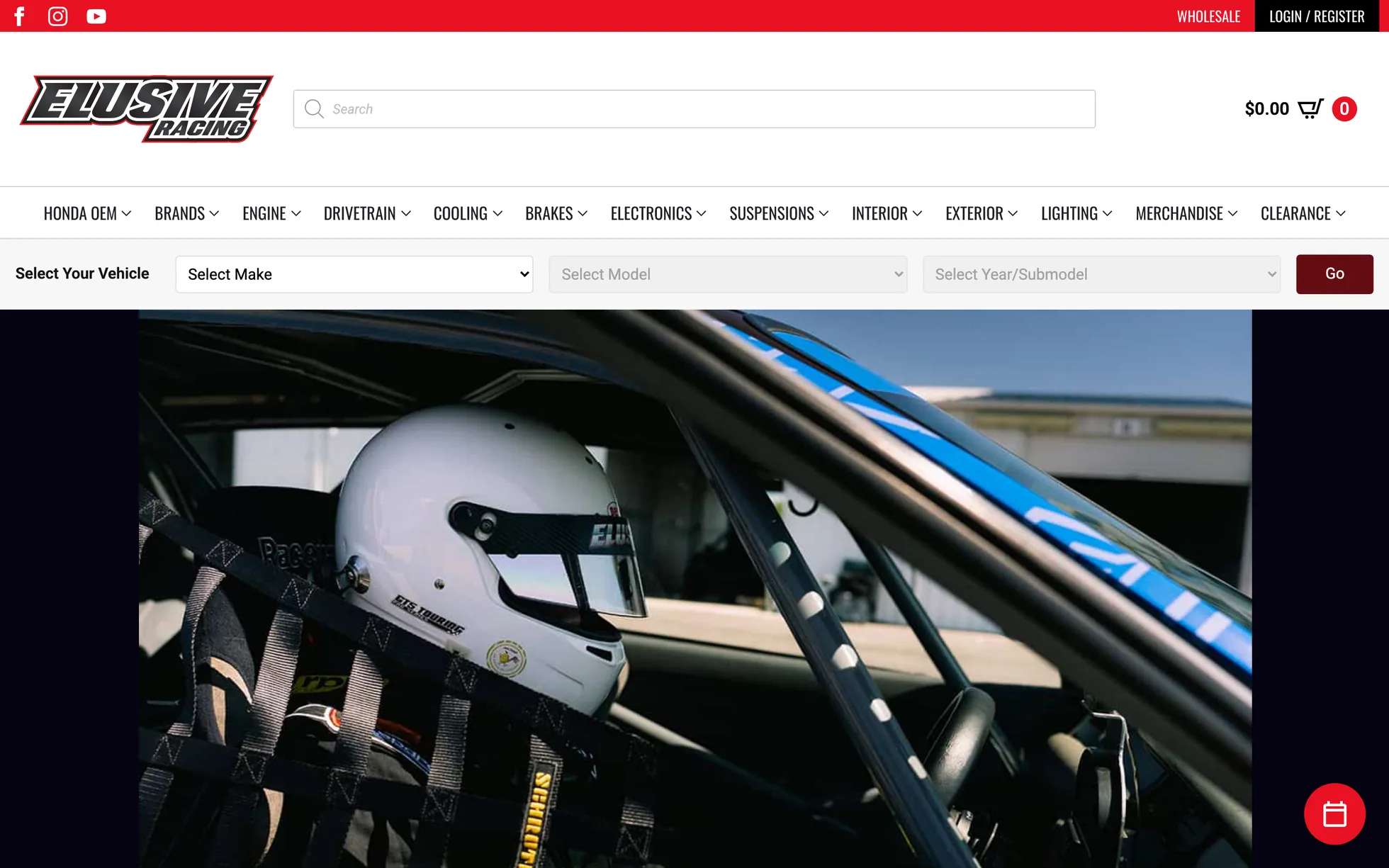 The previous Elusive Racing homepage: a driver in a race seat above a grid of part categories