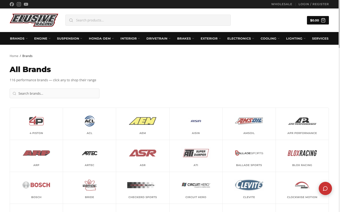 150+ brand directory, linked to filtered shop.