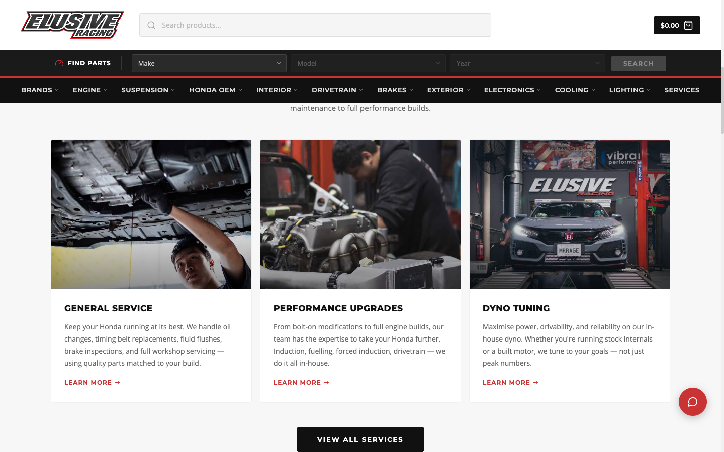 Workshop services section — three tiers, clear CTAs.