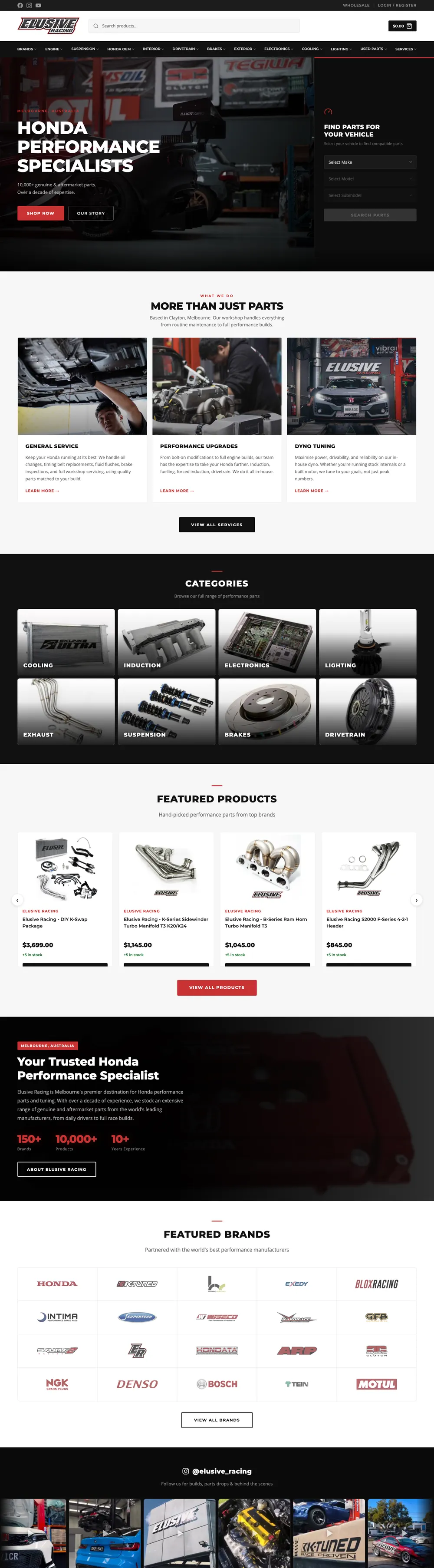 The Elusive Racing homepage from the hero down: services, categories, featured products and brands