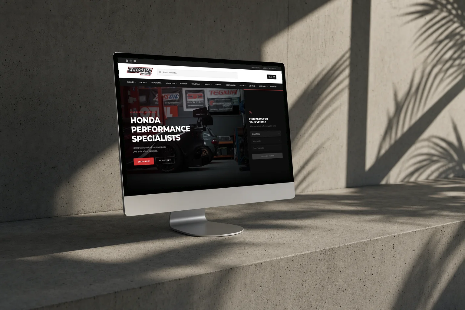 The Elusive Racing homepage, Honda Performance Specialists, on a desktop screen