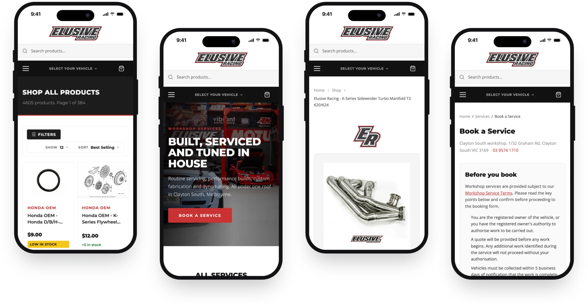 Elusive Racing on phones: the shop, services page, a product page and booking