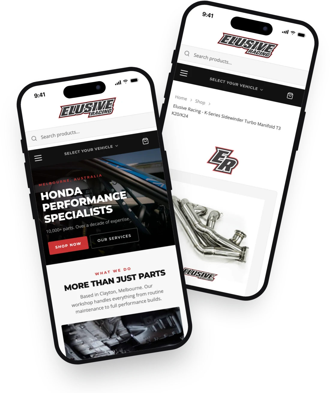The Elusive Racing homepage and a product page on two phones