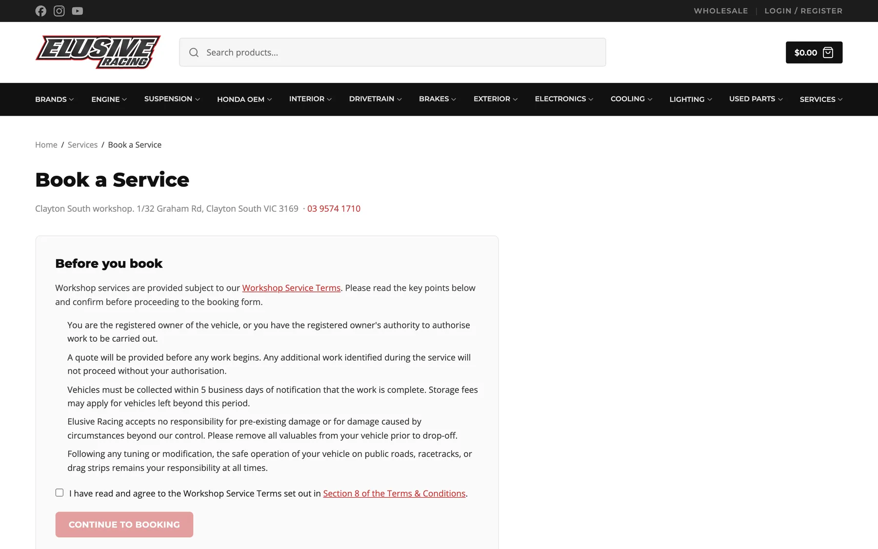 Elusive Racing booking page: the workshop terms customers agree to before booking
